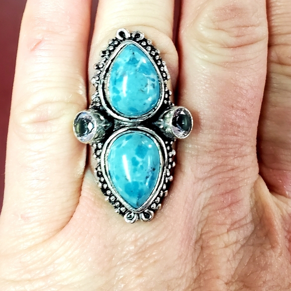 New Huge Mosaic Jasper & Iolite 925 Silver Statement Ring. - Picture 5 of 12